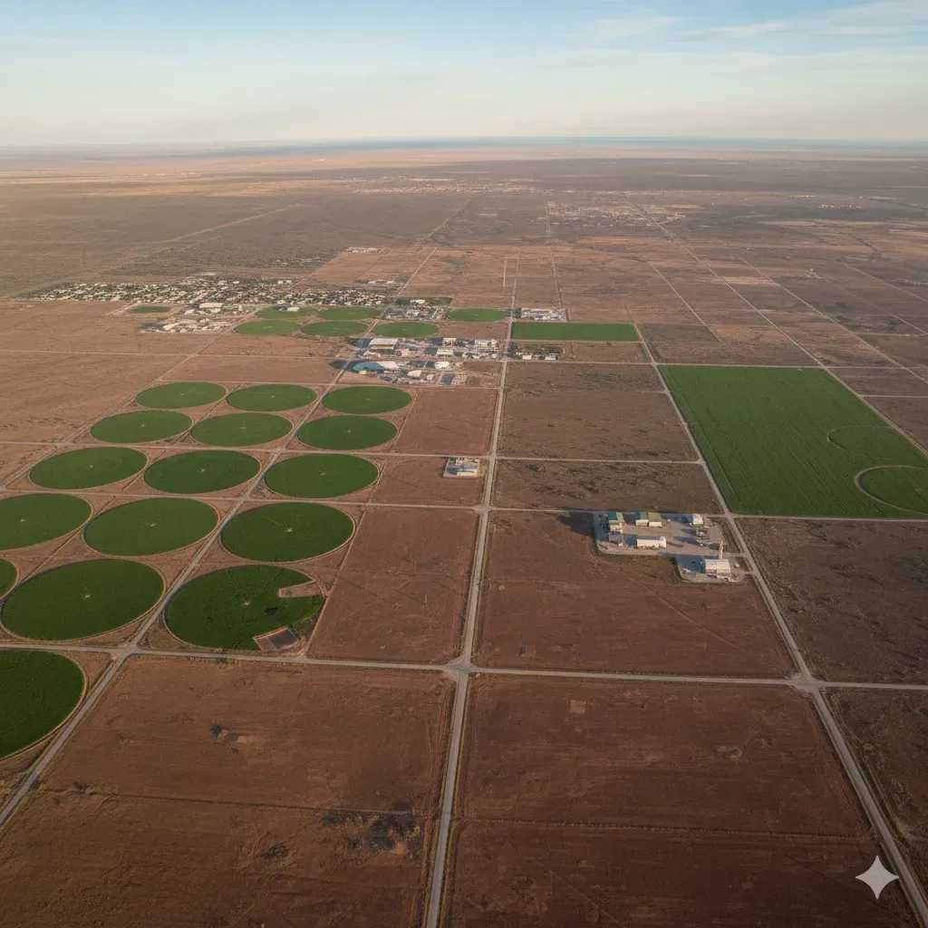 Aerial view of a rural landscape featuring circular fields, buildings, and a town. Brown and green hues.