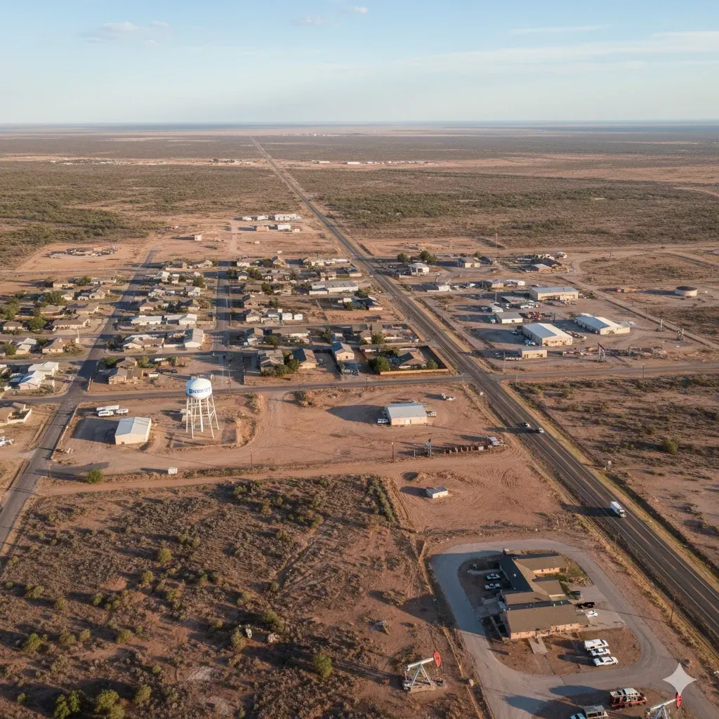 Aerial view of a small desert town with a road, houses, and water tower under a blue sky.
