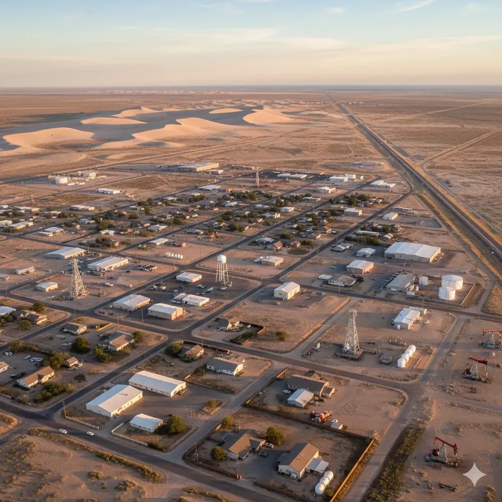 Aerial view of a small town in a desert setting with sand dunes in the distance.