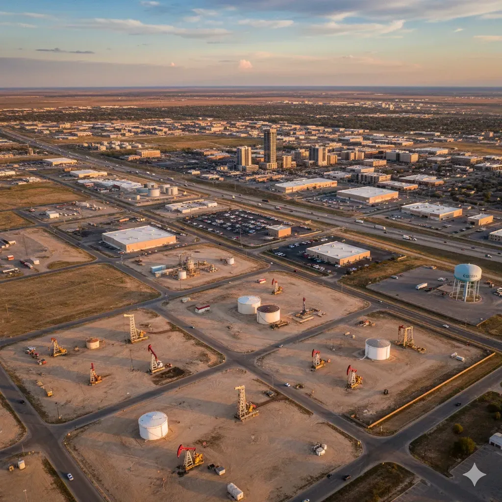 Aerial view: oil derricks and storage tanks in a field, city skyline in the background.