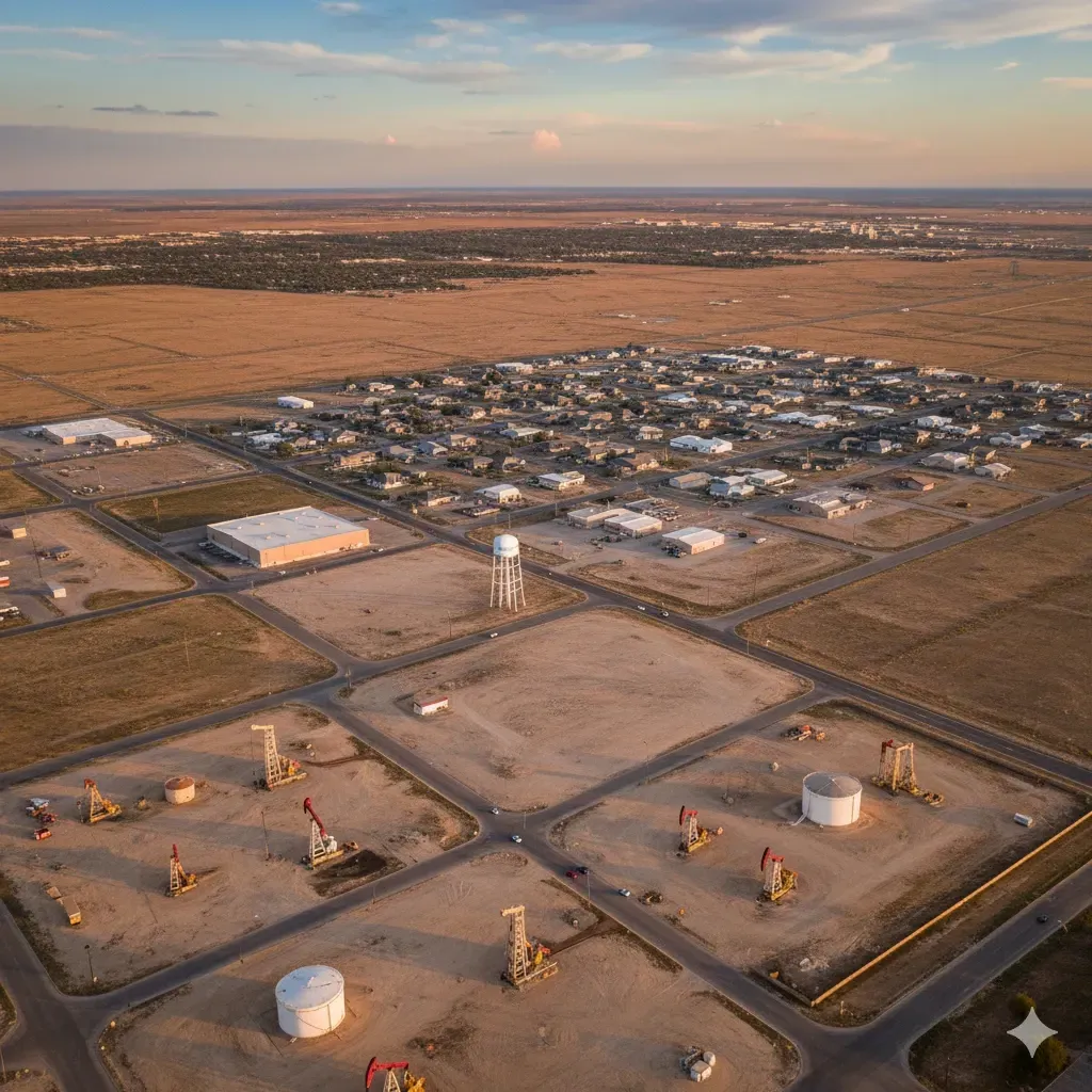 Aerial view: town beside oil derricks in a dry, brown landscape with a blue sky.