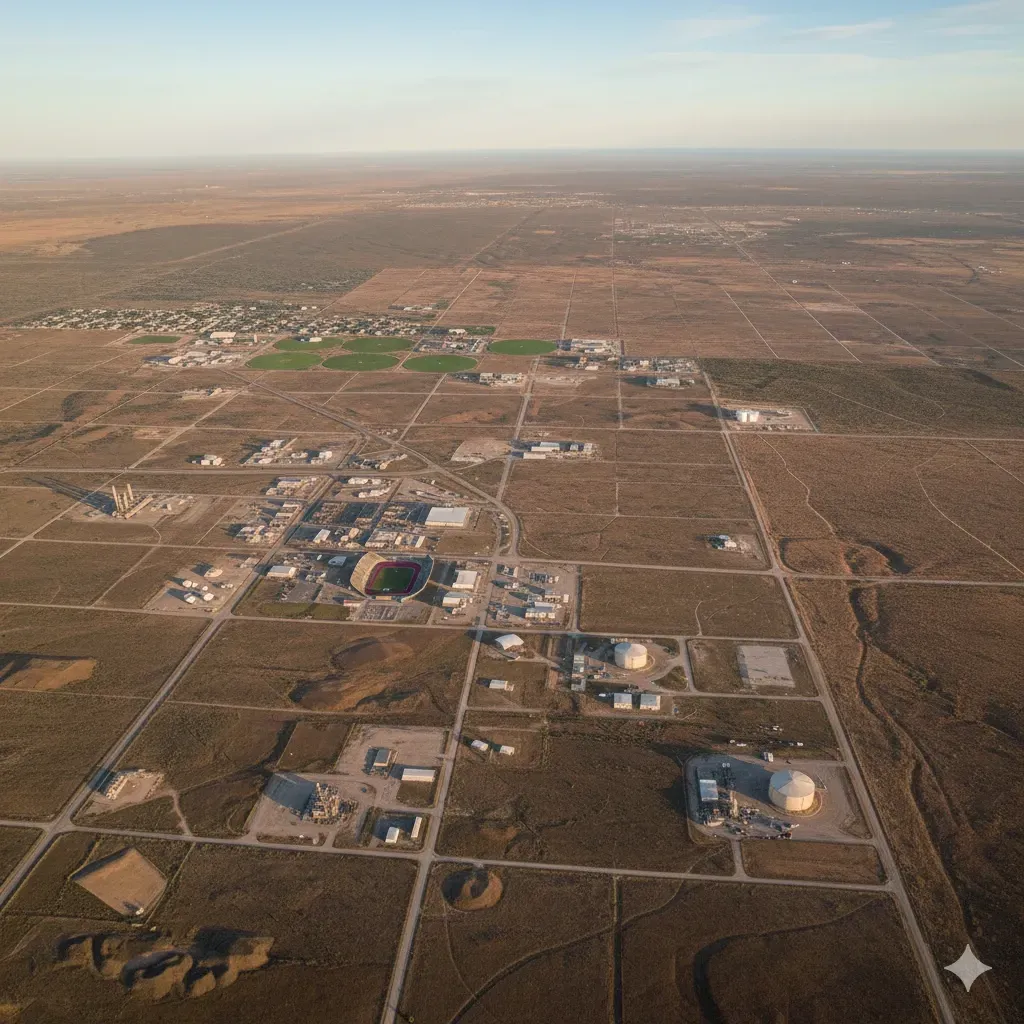 Aerial view of an industrial complex in a desert landscape, with buildings, roads, and vegetation.
