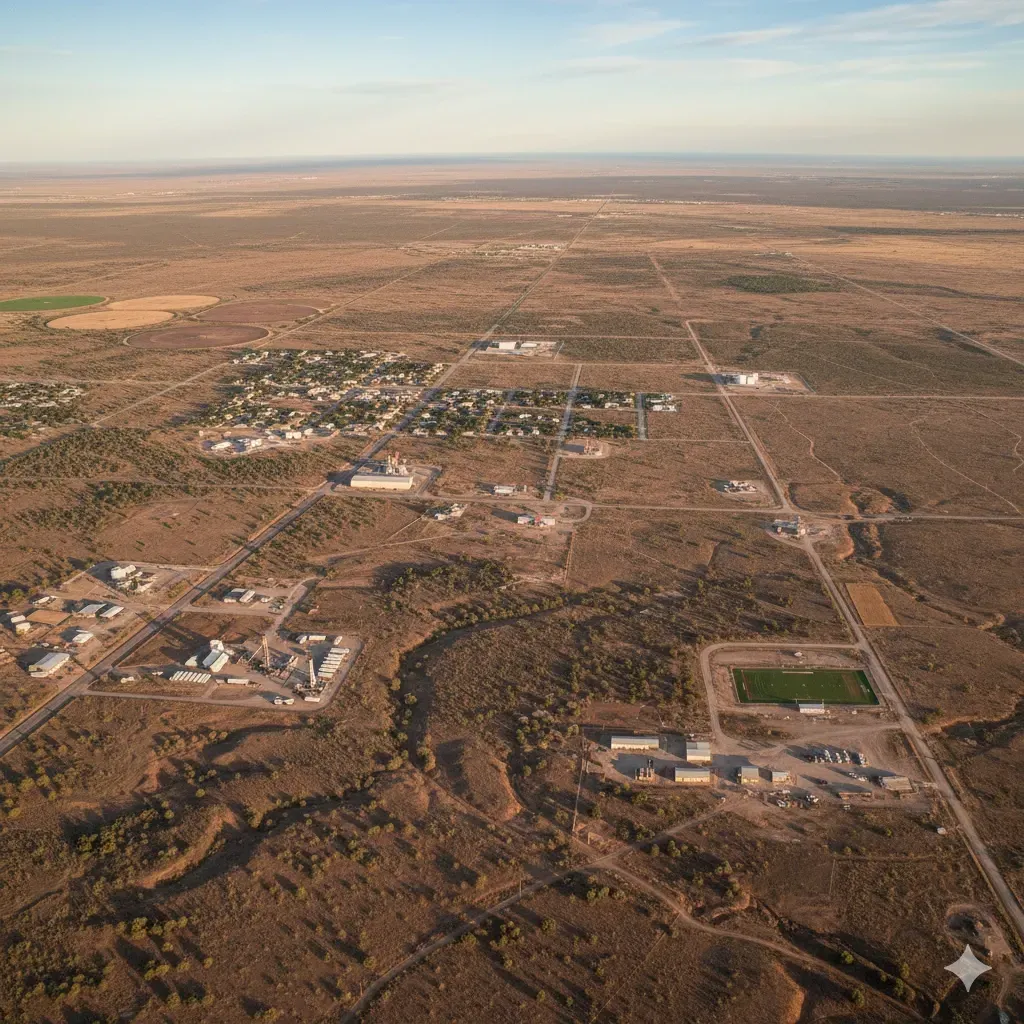 Aerial view of a small town in a desert landscape. Buildings and a soccer field are visible.