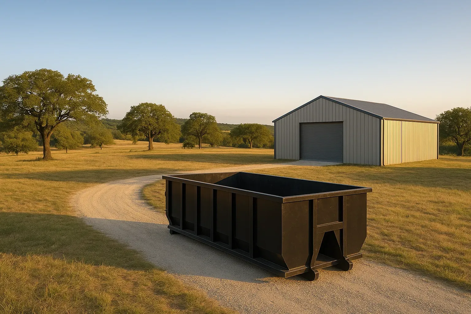 Black dumpster on gravel path in front of a metal barn, trees and grassy field in the background.