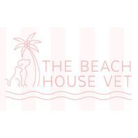 Pink logo for The Beach House Vet with a dog, palm tree, and waves.