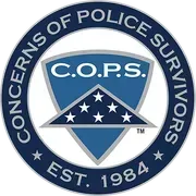 Logo for Concerns of Police Survivors (C.O.P.S.) with a blue shield, American flag, and text in a circular frame.