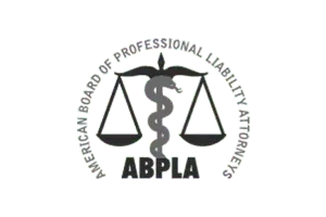 Logo for the American Board of Professional Liability Attorneys, featuring a scale of justice intertwined with a caduceus.