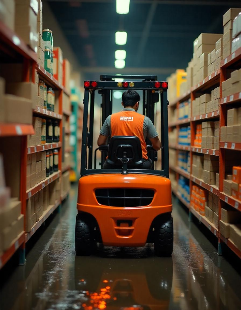 A warehouse worker in an orange vest drives a bright orange forklift down an aisle lined with shelves of cardboard boxes.