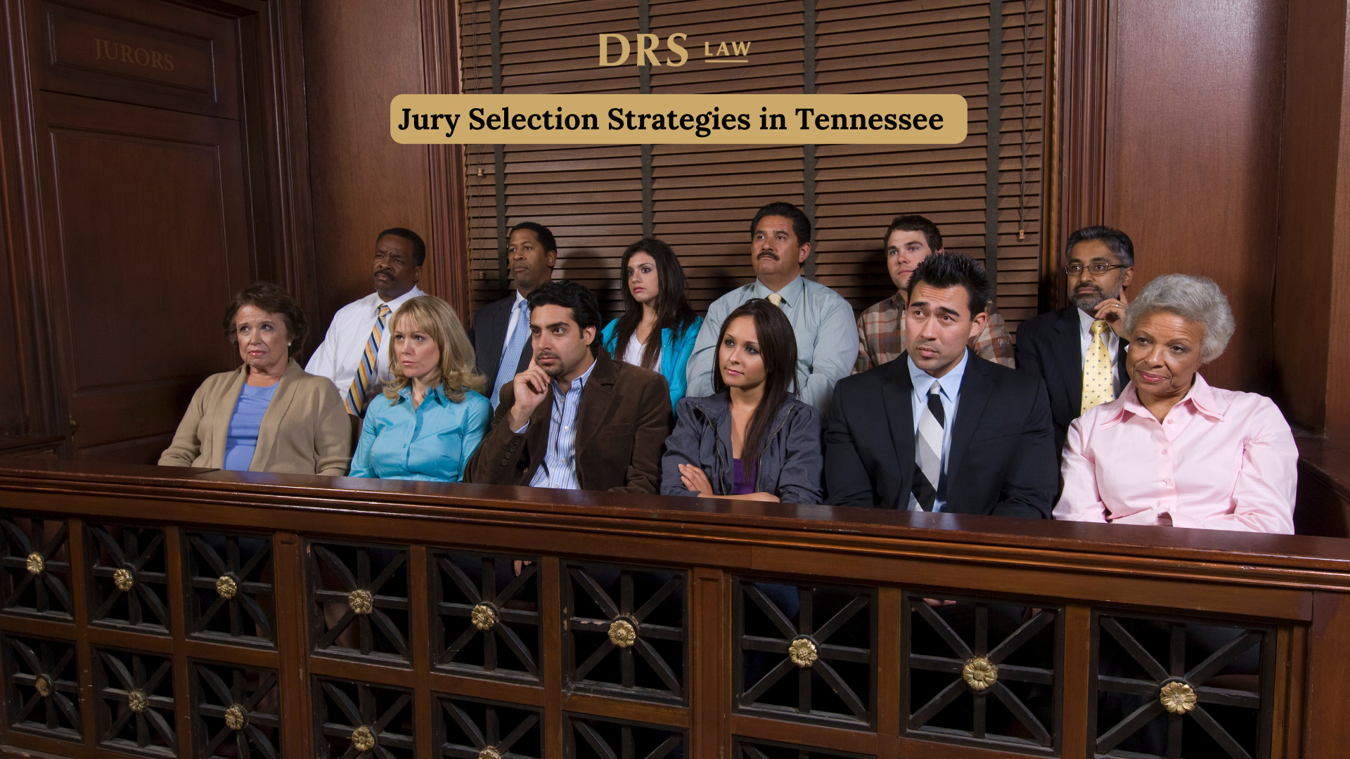 A diverse group sits in a jury box in a wooden courtroom, with a text overlay that reads: 