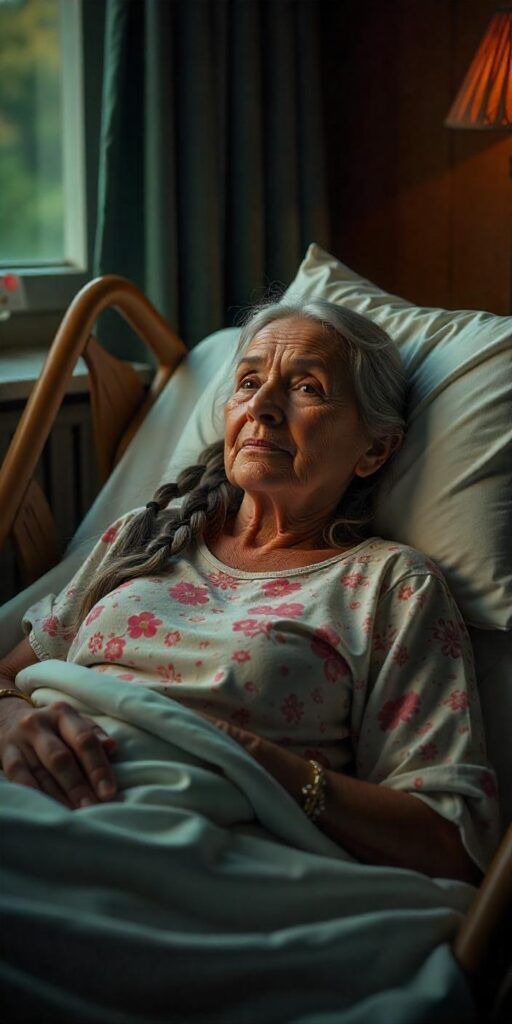 An elderly person with gray hair lies in a hospital bed, looking upward with a thoughtful expression.