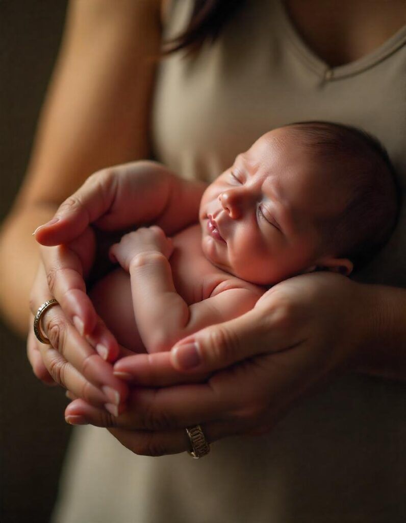 A newborn baby sleeps peacefully, held gently in a person's cupped hands.