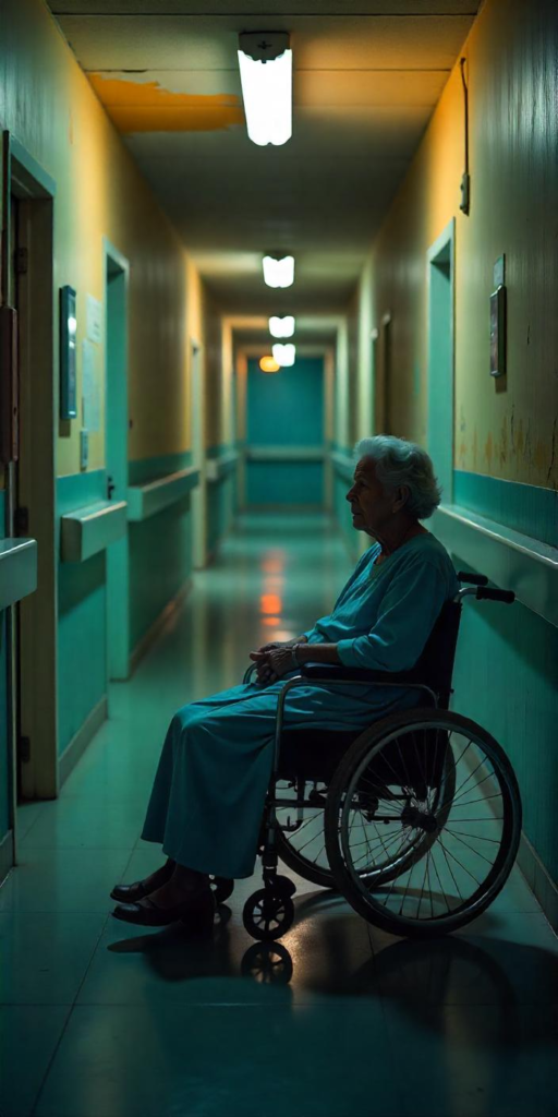 An individual in a wheelchair sits alone in the middle of a long, dimly lit hospital corridor with teal walls.