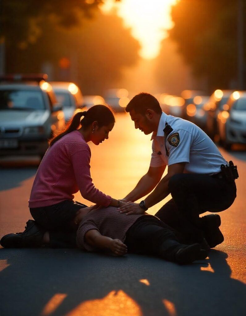 A person in a uniform and a bystander kneel in the street, providing aid to someone lying on the ground at sunset.