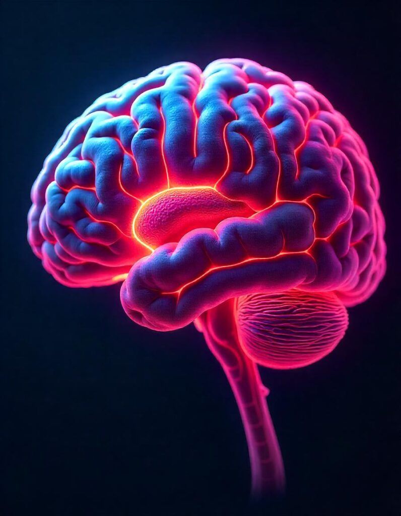 A glowing human brain in shades of blue and magenta against a dark background, highlighting its intricate structure.