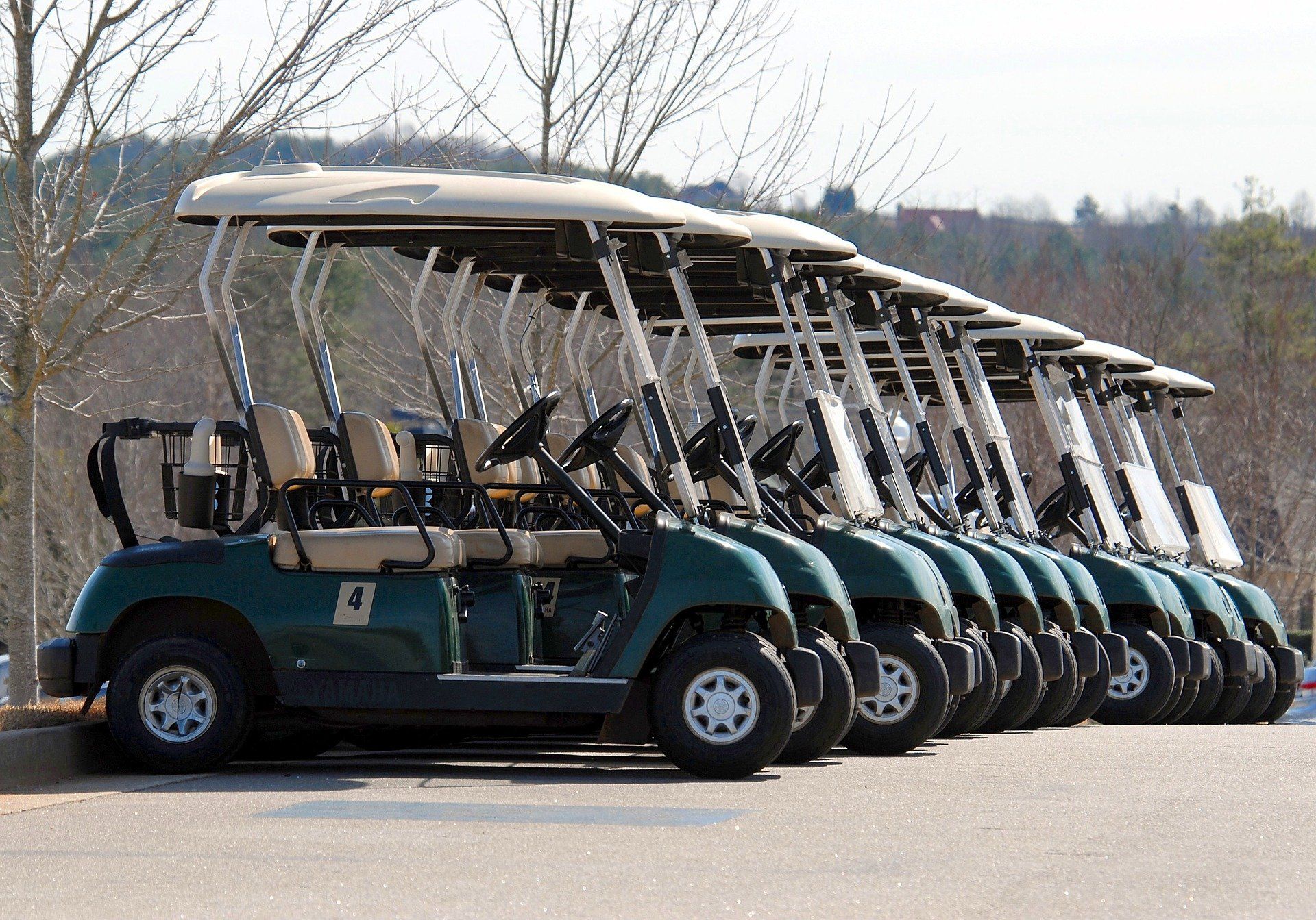 A row of dark green golf carts parked in a line on an outdoor asphalt lot during the day.