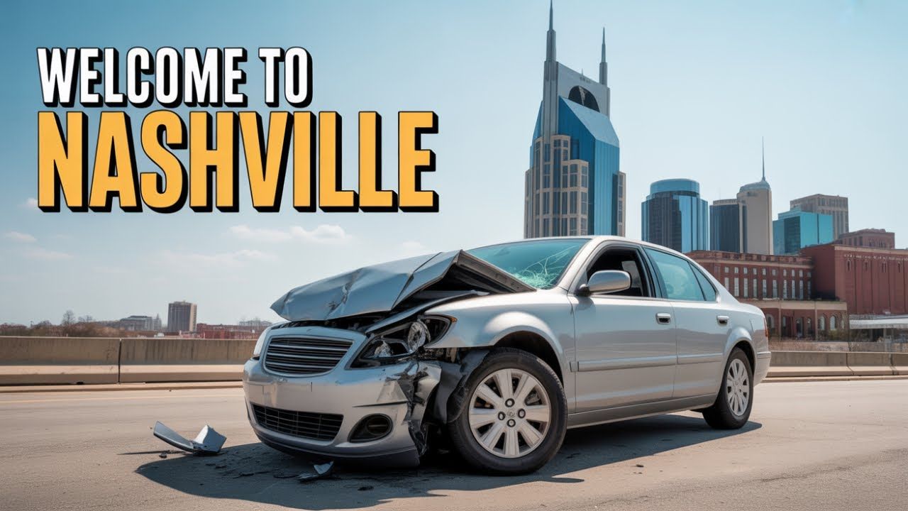 A crashed silver sedan sits on a road with the Nashville skyline and 