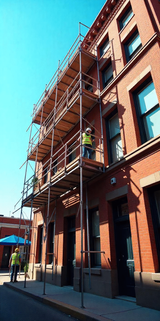 Workers in high-visibility vests stand on metal scaffolding attached to the side of a red brick building under a blue sky.