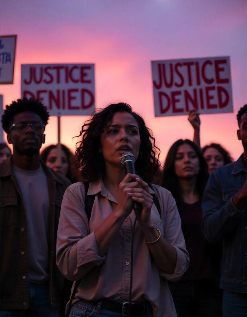 A person speaks into a microphone at a protest with others holding 