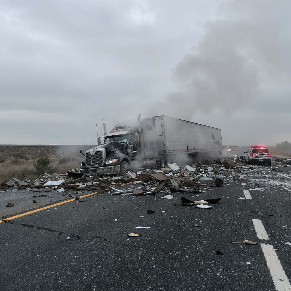 A damaged semi-truck sits on a highway surrounded by debris, with smoke rising and a police vehicle nearby.