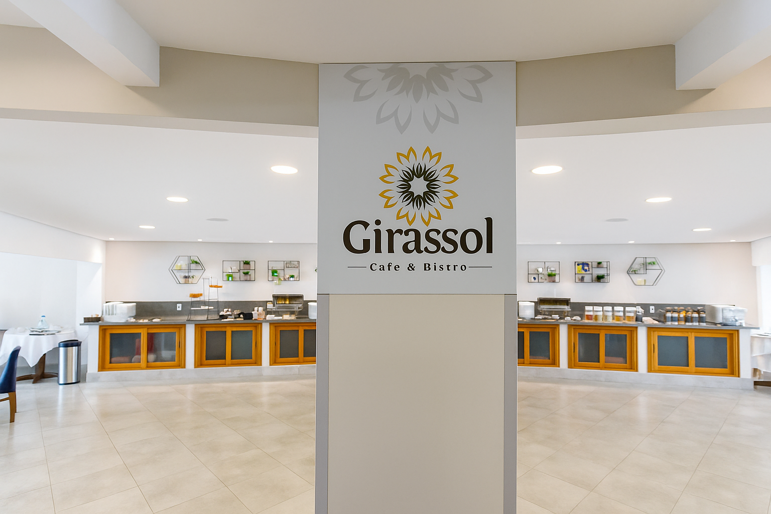 Uma sala grande com uma placa que diz girasol.