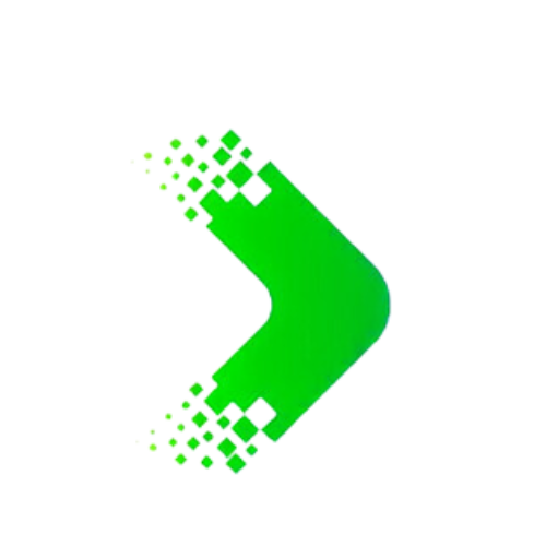 Green arrow with a digital pixel effect, pointing right.