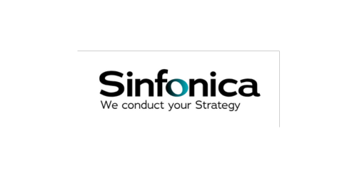 Logo for Sinfonica, with black text and an aquamarine dot. "We conduct your Strategy" underneath.