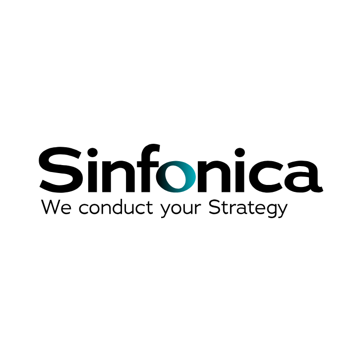 Logo for Sinfonica: black text "Sinfonica" with a teal "o" and tagline "We conduct your Strategy" below.