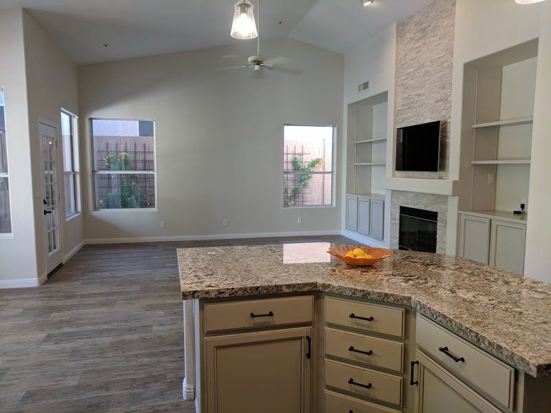 outside view from kitchen with angular island