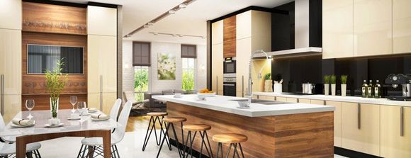 Modern kitchen with island, white counter tops, and stools