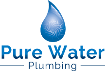 The logo for pure water plumbing shows a drop of water with a shell in it.