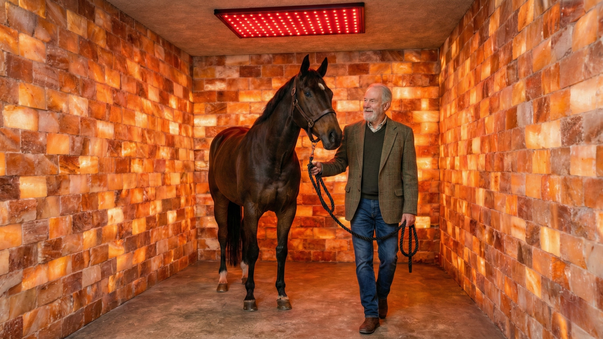 Man leading a brown horse into a salt therapy room with reddish brick walls and a red heating lamp.