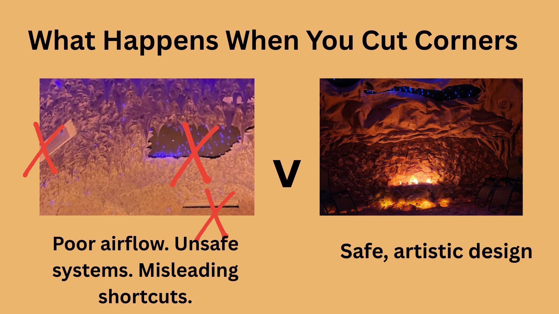 Comparison: left shows poor design with red X's, right shows a safe, artistic design.