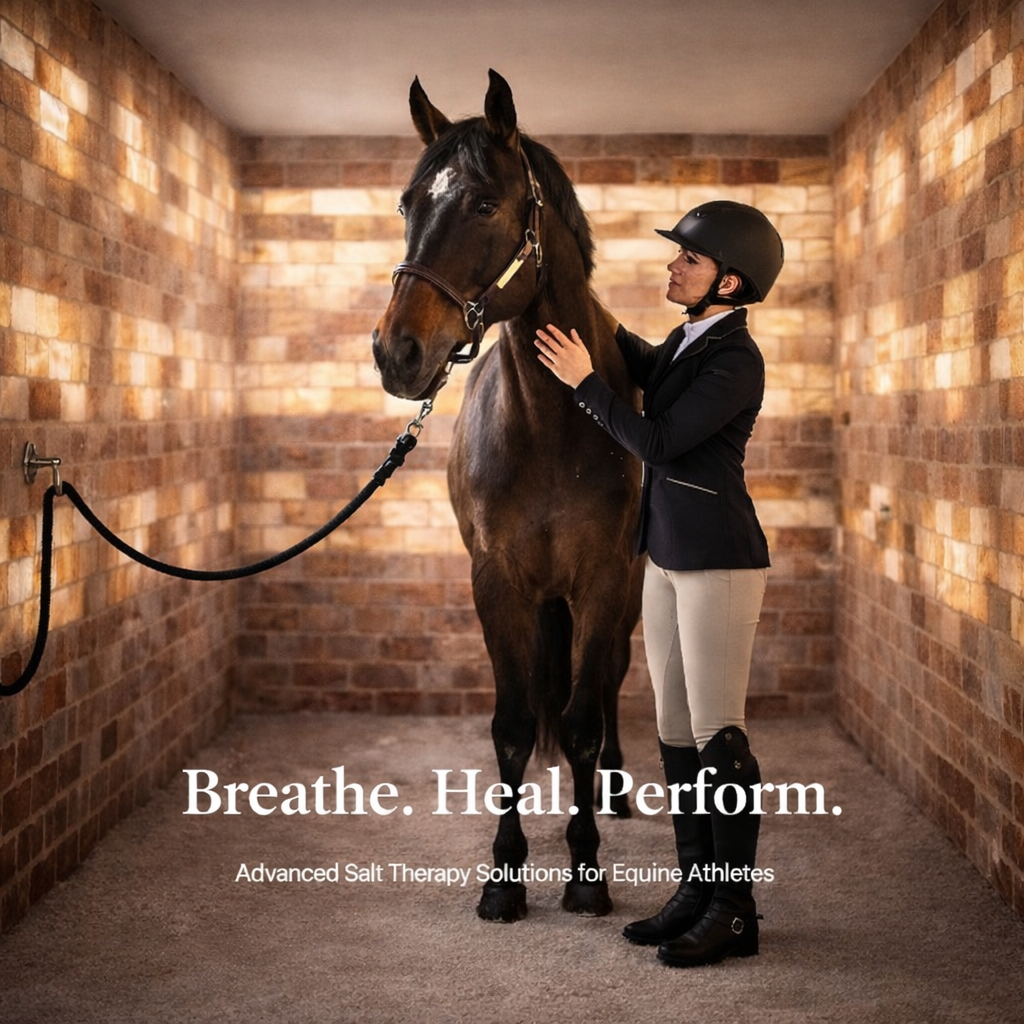 A woman in riding attire with a horse in a salt therapy chamber. Text: Breathe. Heal. Perform.