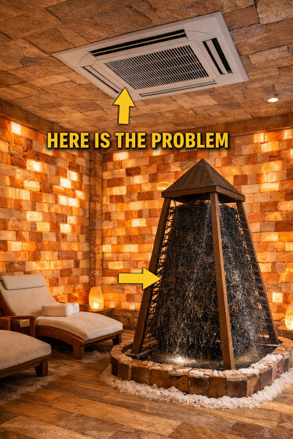 Salt therapy room with air conditioning unit. Brick-like salt walls, water fountain, seating, and a ceiling-mounted AC unit.