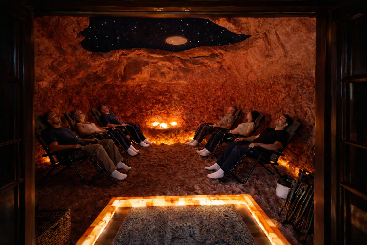 People relaxing in a dimly lit salt cave with ambient lighting, starry ceiling, and a central fire pit.