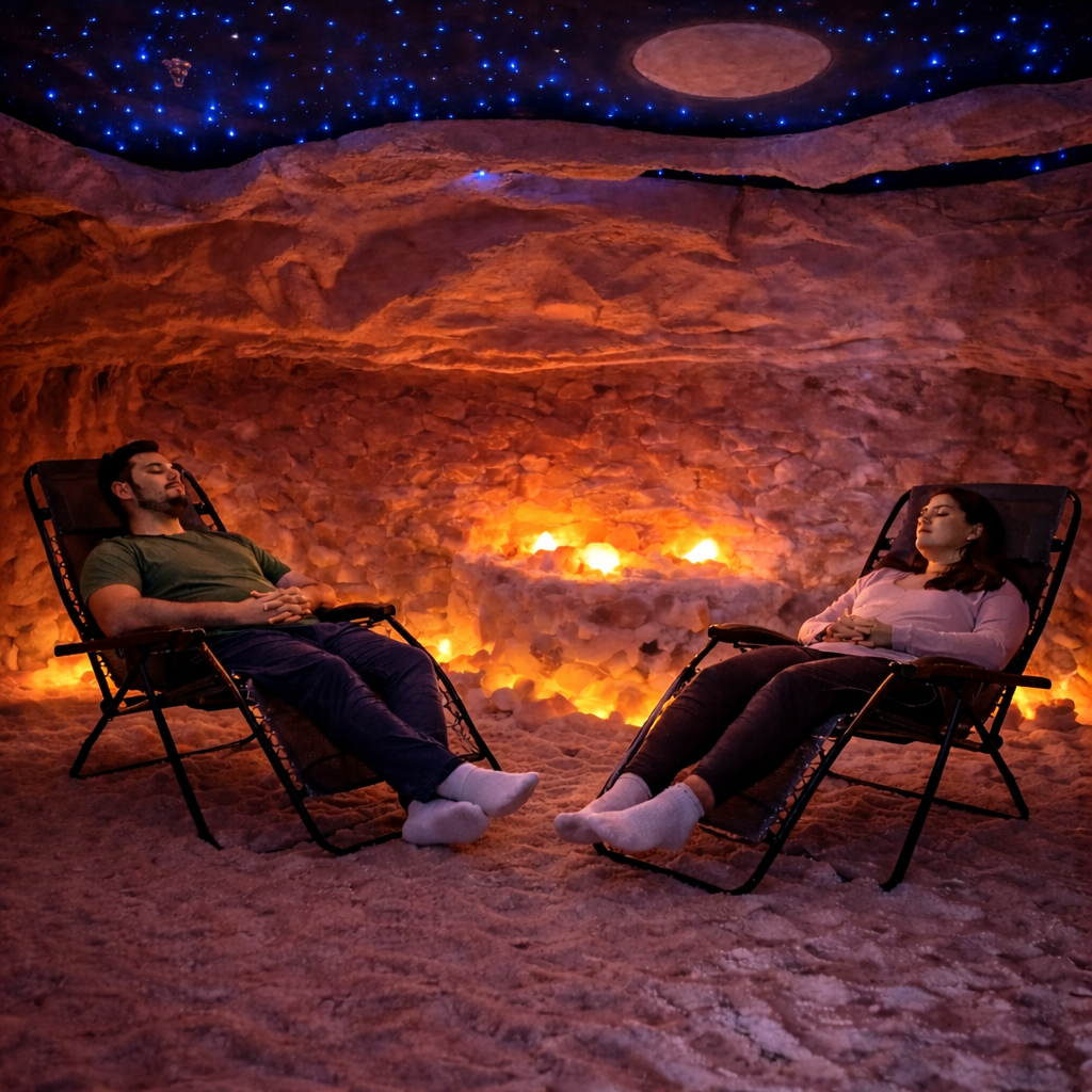 Two people relax in a salt cave, reclining in chairs. The cave has a starry ceiling and glowing salt walls.