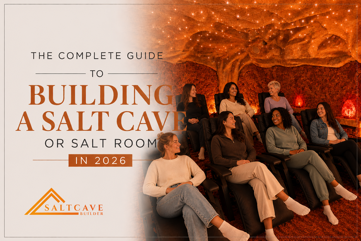 Promotional graphic for “The Complete Guide to Building a Salt Cave or Salt Room in 2026” with people in a salt cave setting