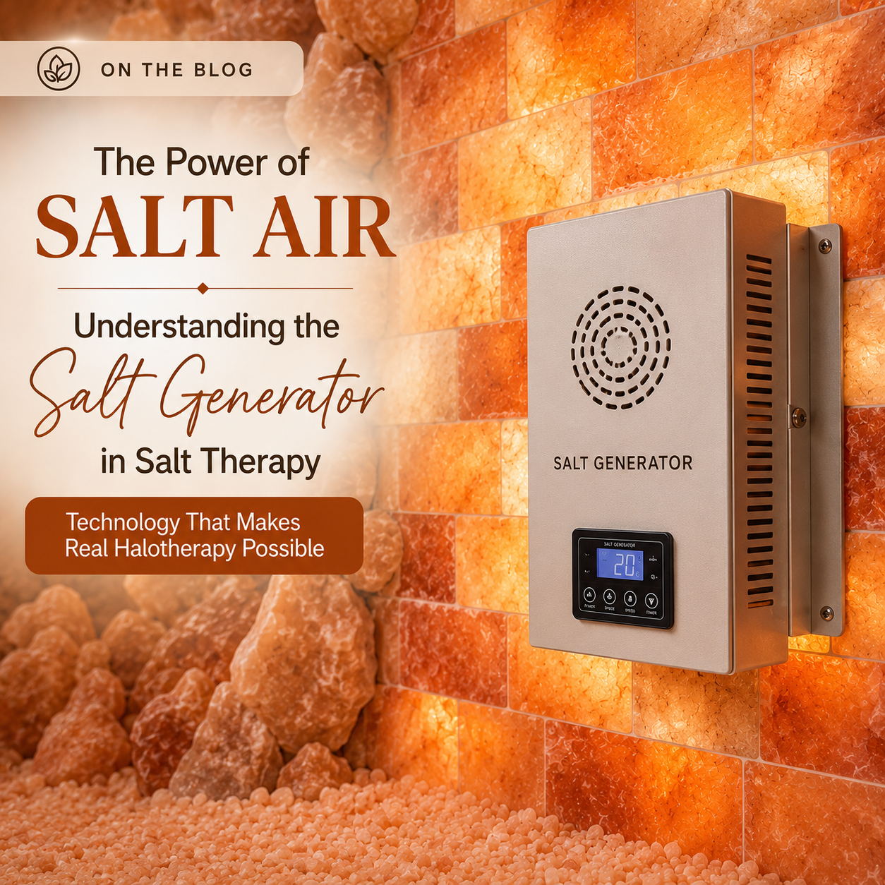 Promotional graphic for salt air therapy with a wall-mounted salt generator in an orange salt cave setting