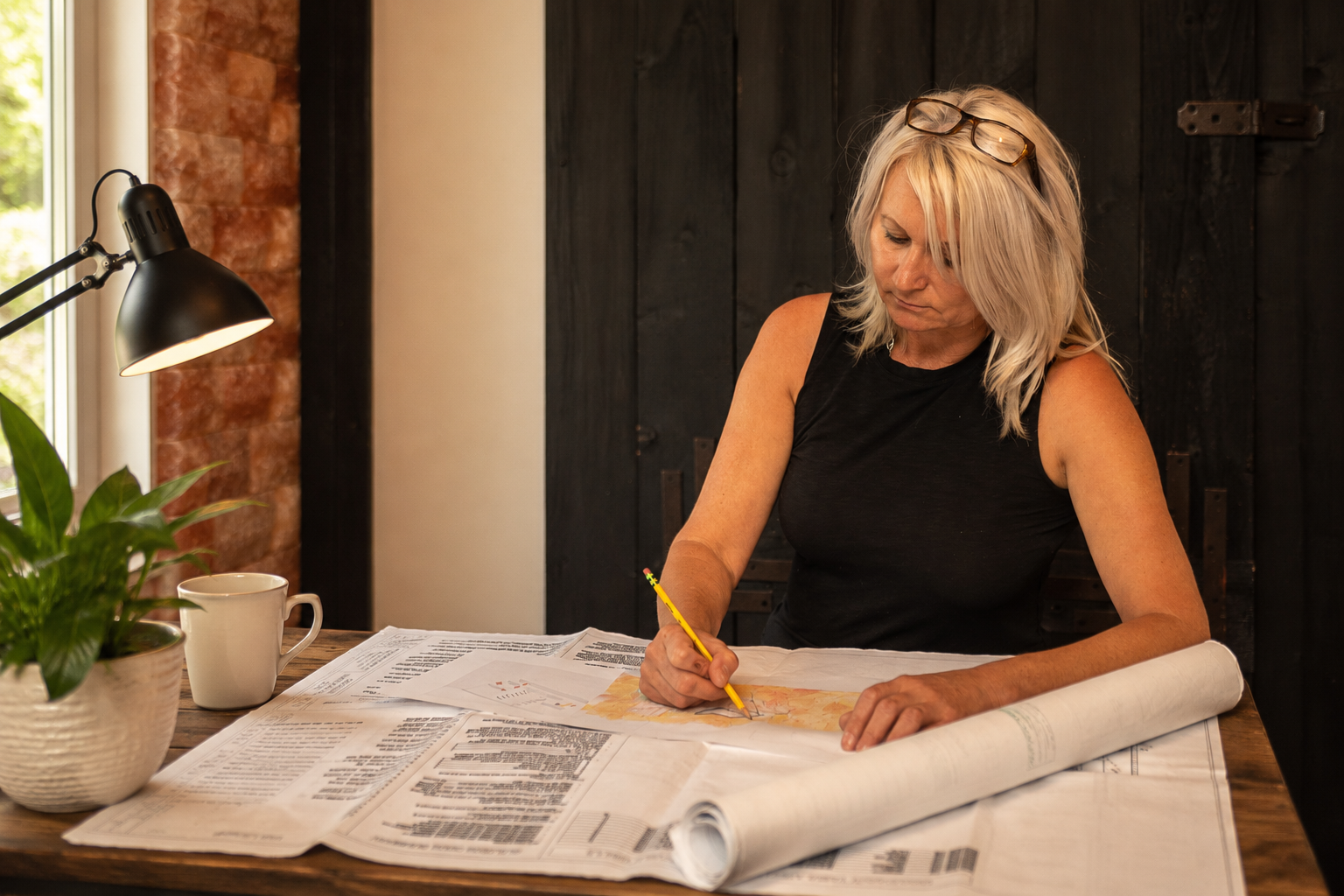 Woman sketching on large paper plans at a desk in a warm-lit workspace