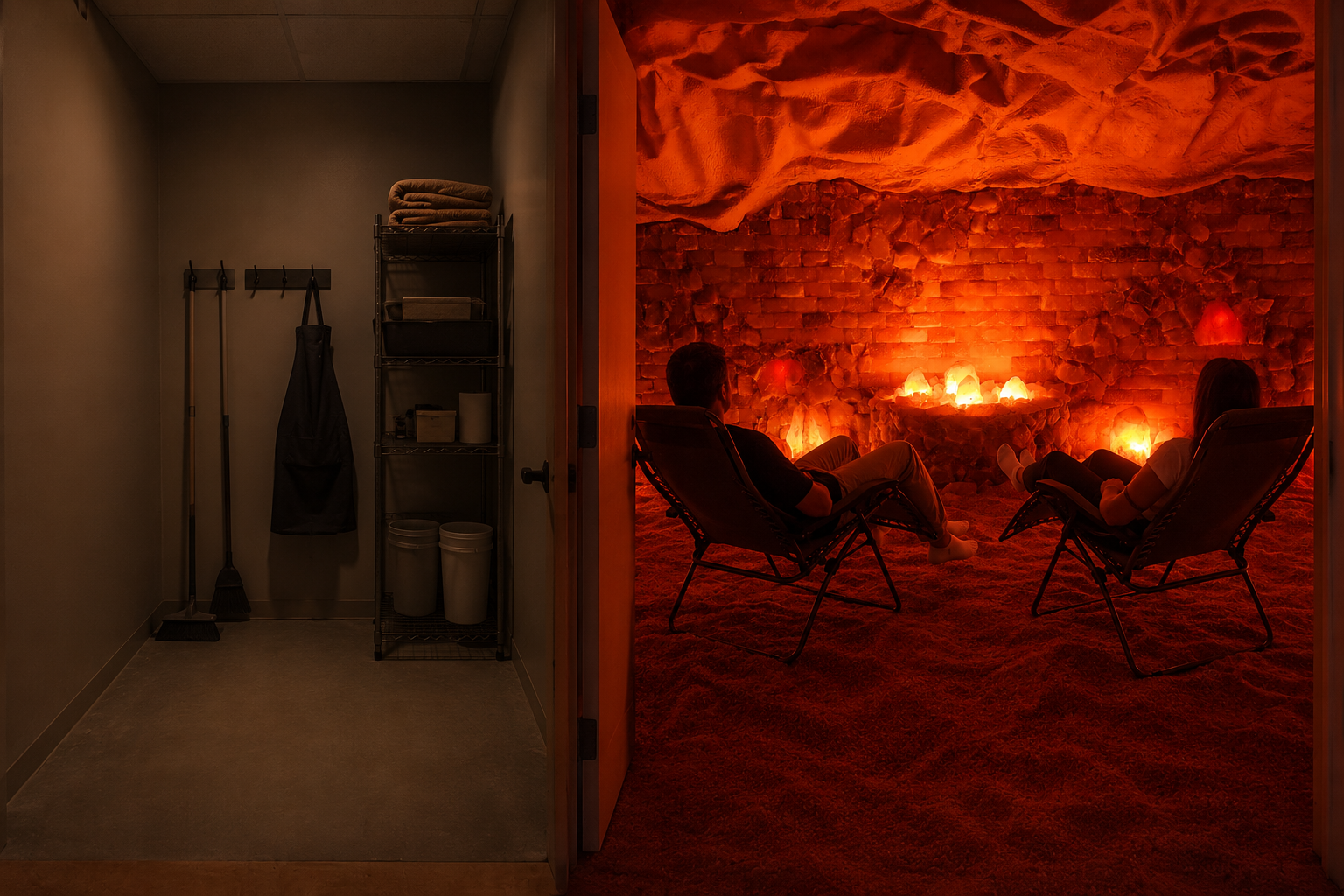 Dim room with coat rack and shelf beside a glowing firelit lounge with chairs against a rocky wall