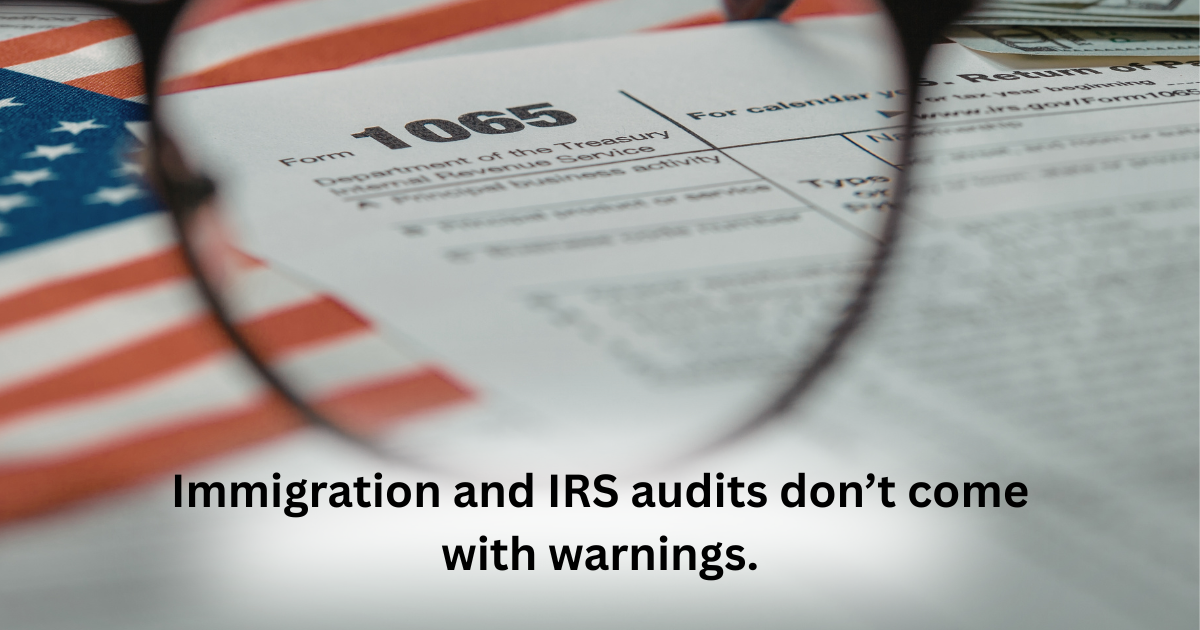 American flag and tax form 1095 seen through eyeglasses; text reads 