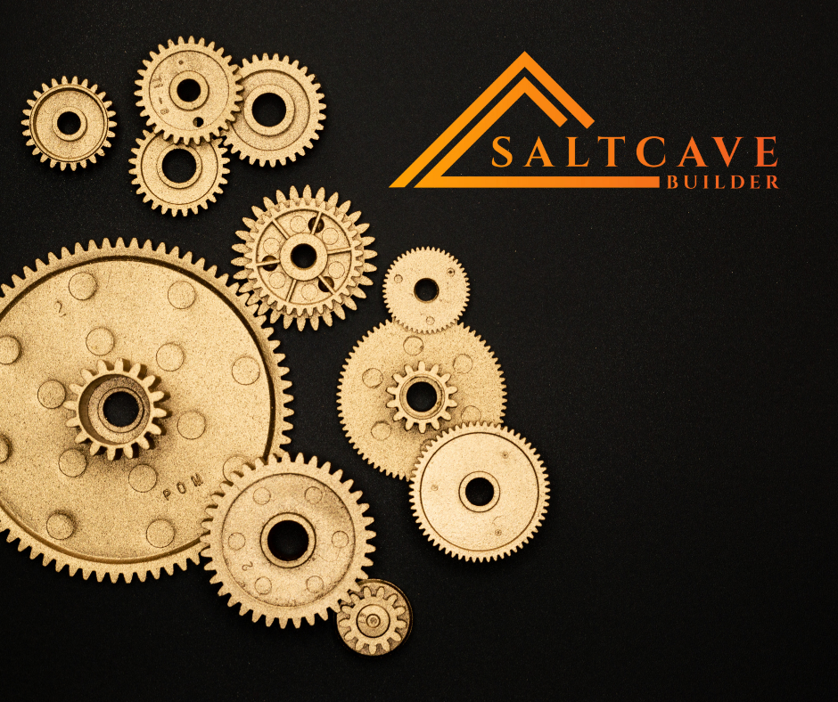 Gears arranged on a black background with a logo that says 