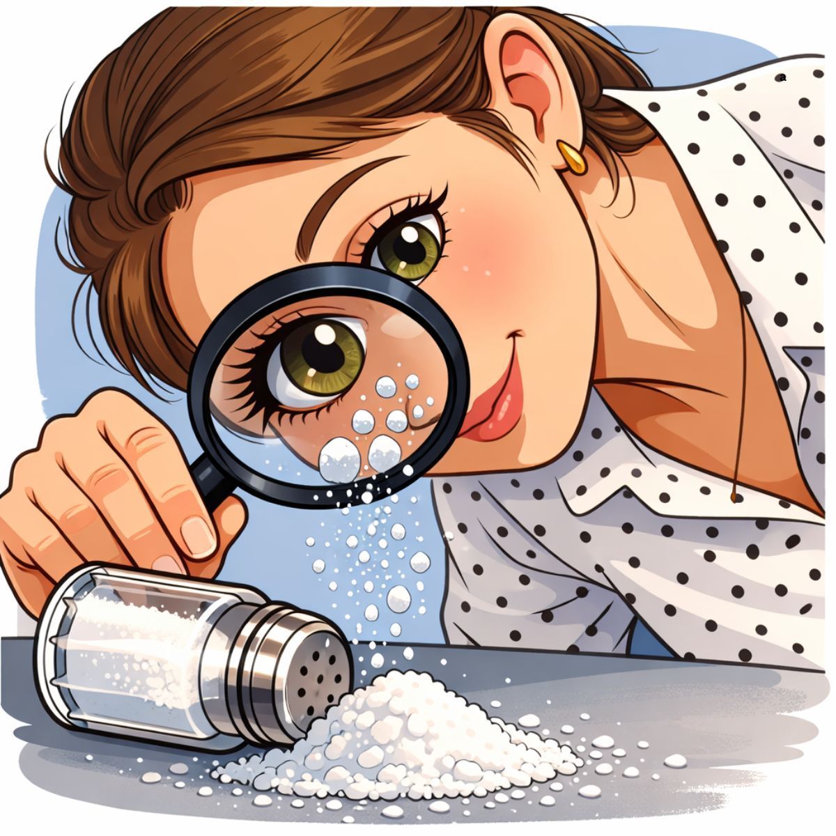 A person looking through a magnifying glass at a pile of salt spilled from a shaker on a table.