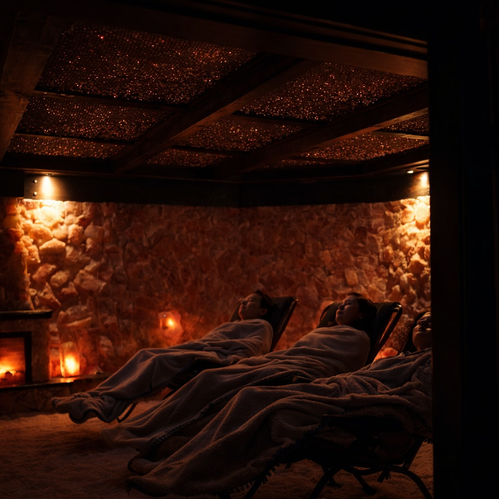 Dim spa room with two lounge chairs, warm stone wall lighting, and a dark patterned ceiling