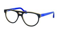 Une paire de lunettes noires et bleues sur fond blanc.