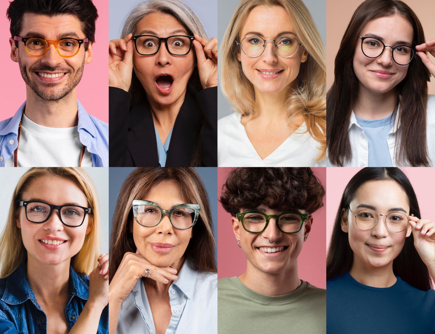 Un collage de portraits de personnes portant des lunettes.