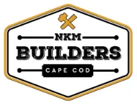 Logo for NKM Builders, Cape Cod, featuring a hammer and nail icon in a gold-outlined white hexagon.