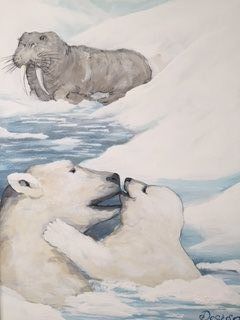 A polar bear and cub nuzzle in the water with a walrus on an ice floe in the background.