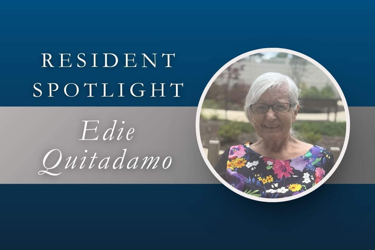 Resident Spotlight graphic featuring the name Edie Quitadamo and a circular photo of an smiling person in a floral top.