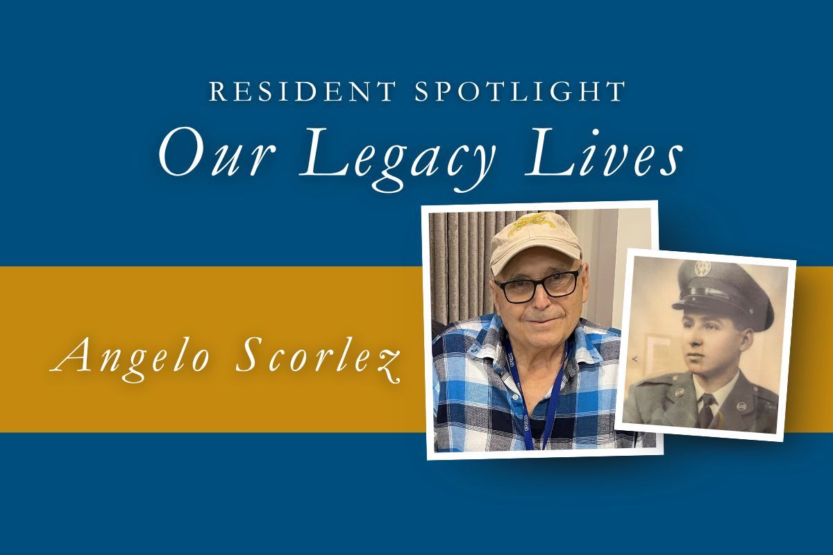 Resident Spotlight: Angelo Scorlez. Two photos. One current photo, one military photo, over a blue and gold background.
